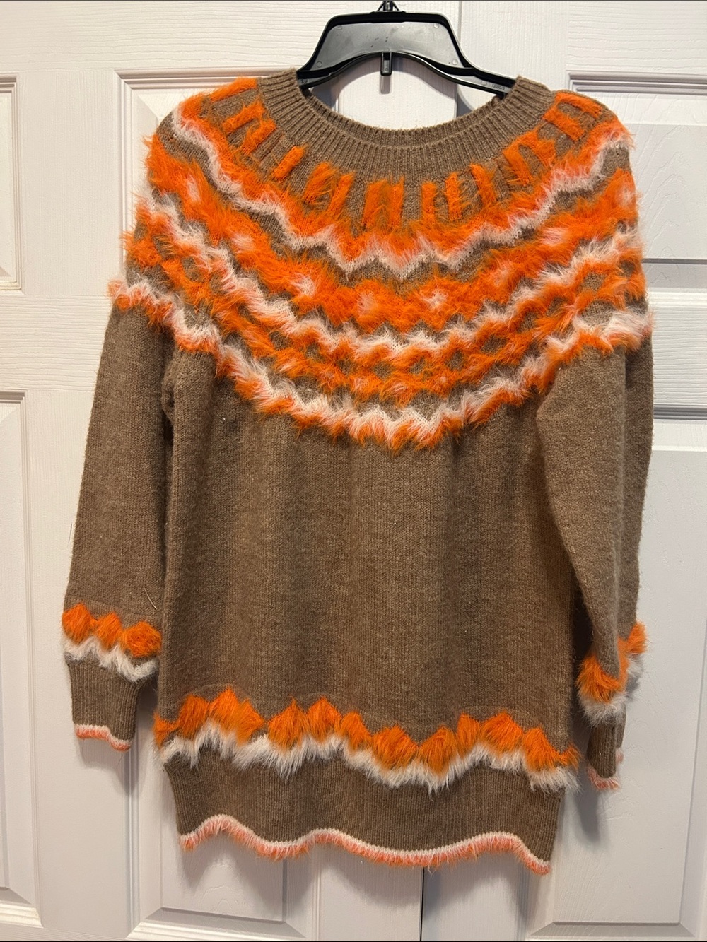 Cozy Tan Sweater with Orange & White Fair Isle Yoke